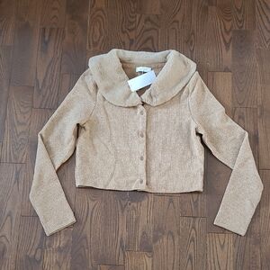 Sage Beige Faux-Fur Collar Cropped Cardigan